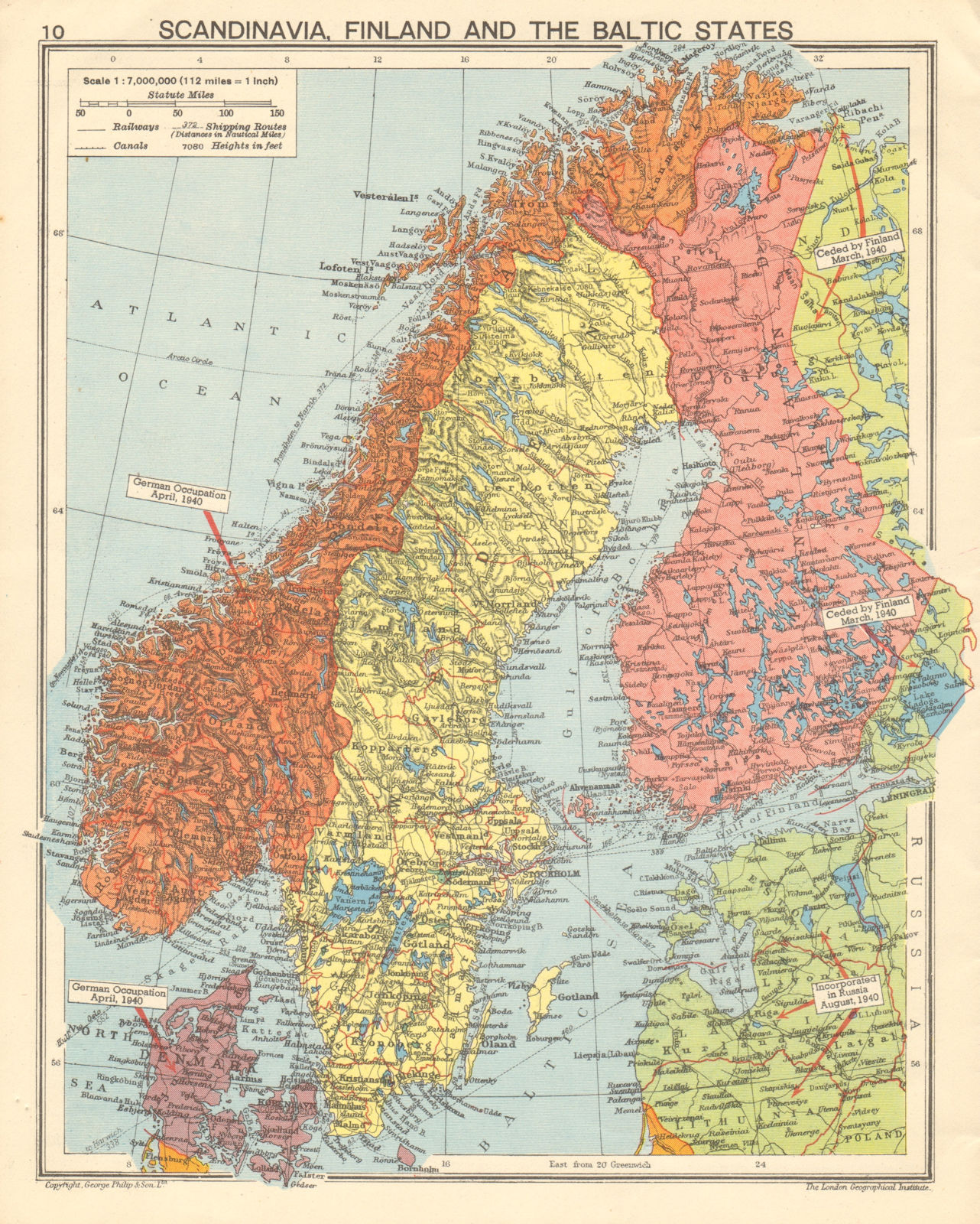 WW2 SCANDINAVIA German occupied Denmark & Norway. Finland concessions 1942 map