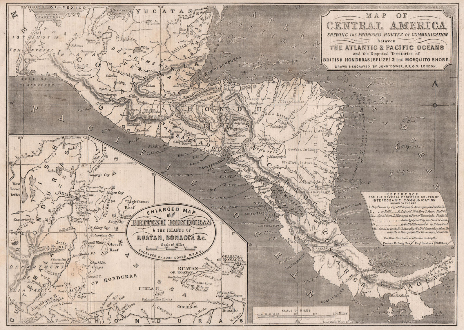 Central America proposed canals/railways Nicaragua Panama Belize. DOWER 1856 map