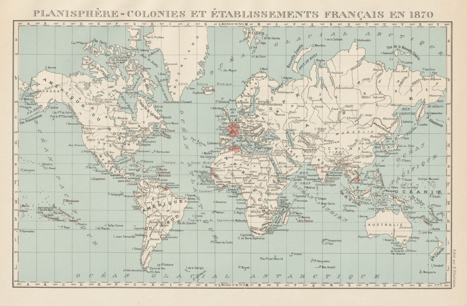 FRENCH COLONIES & établissements Français en 1870. Planisphere 1929 old map