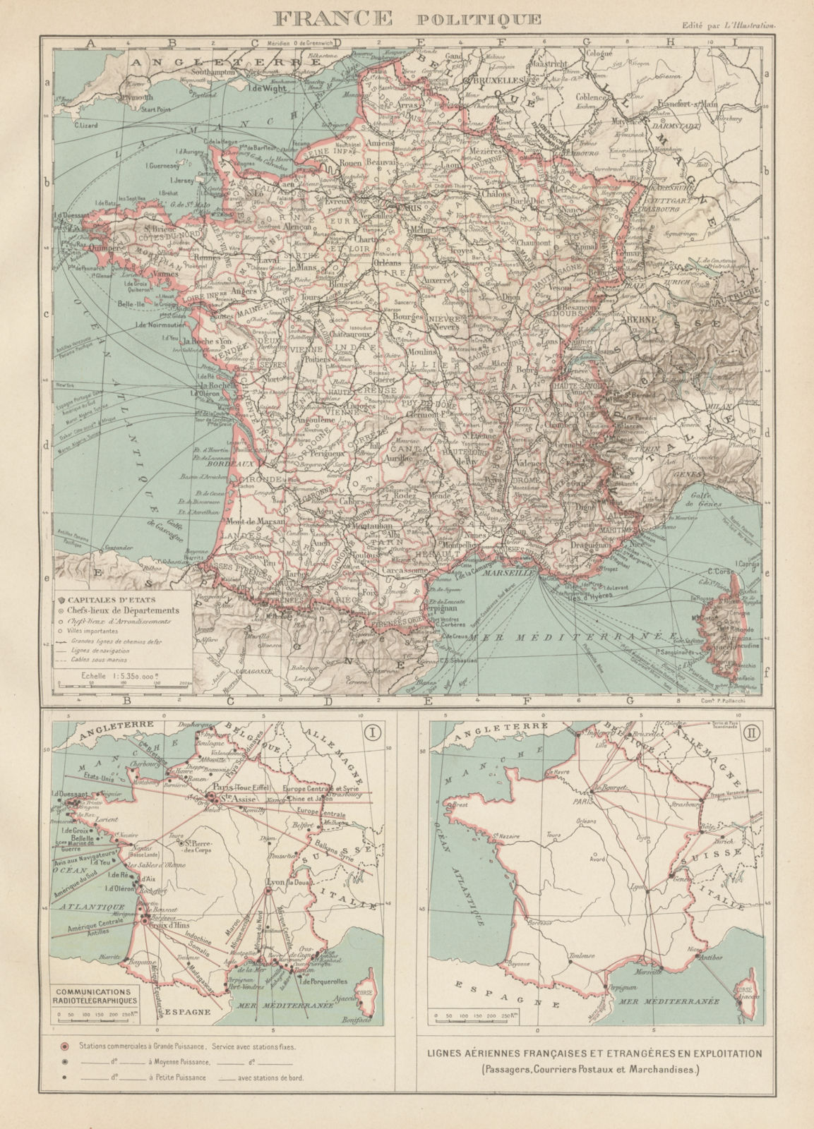 FRANCE Communications radiotélégraphiques. Lignes aériennes. Air routes 1929 map