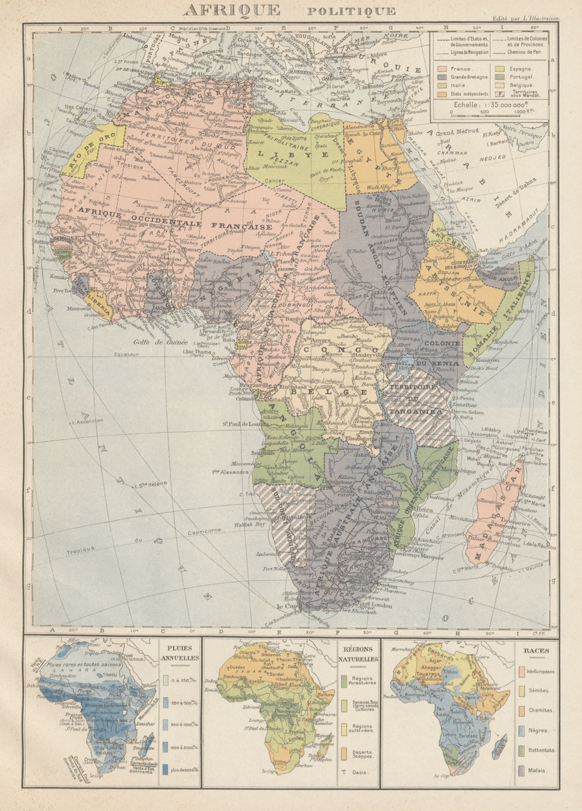 COLONIAL AFRICA Afrique. League of Nations Mandates. Ethnicity 1929 old map