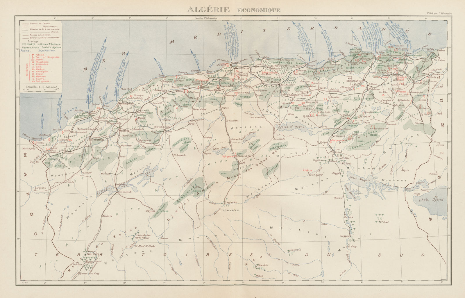 FRENCH ALGERIA ECONOMIC & RESOURCES. Algerie - Economique. Minerals 1929 map