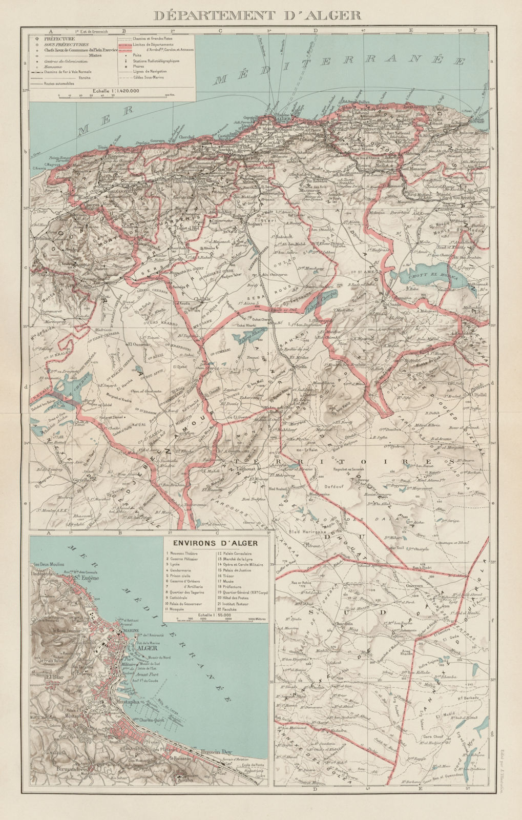 FRENCH ALGERIA. Departement d'Alger. Algiers environs & city plan 1929 old map