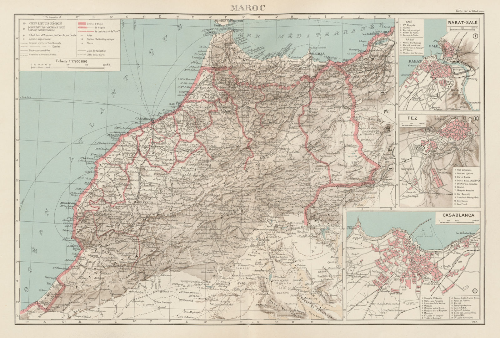 FRENCH MOROCCO. Maroc Protectorat français. Rabat Fez Casablanca plans 1929 map
