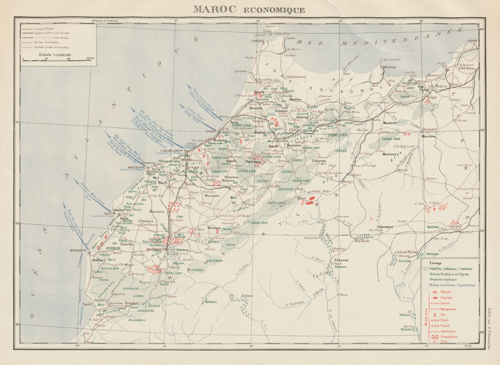 FRENCH MOROCCO ECONOMIC/RESOURCES Maroc Protectorat français economique 1929 map