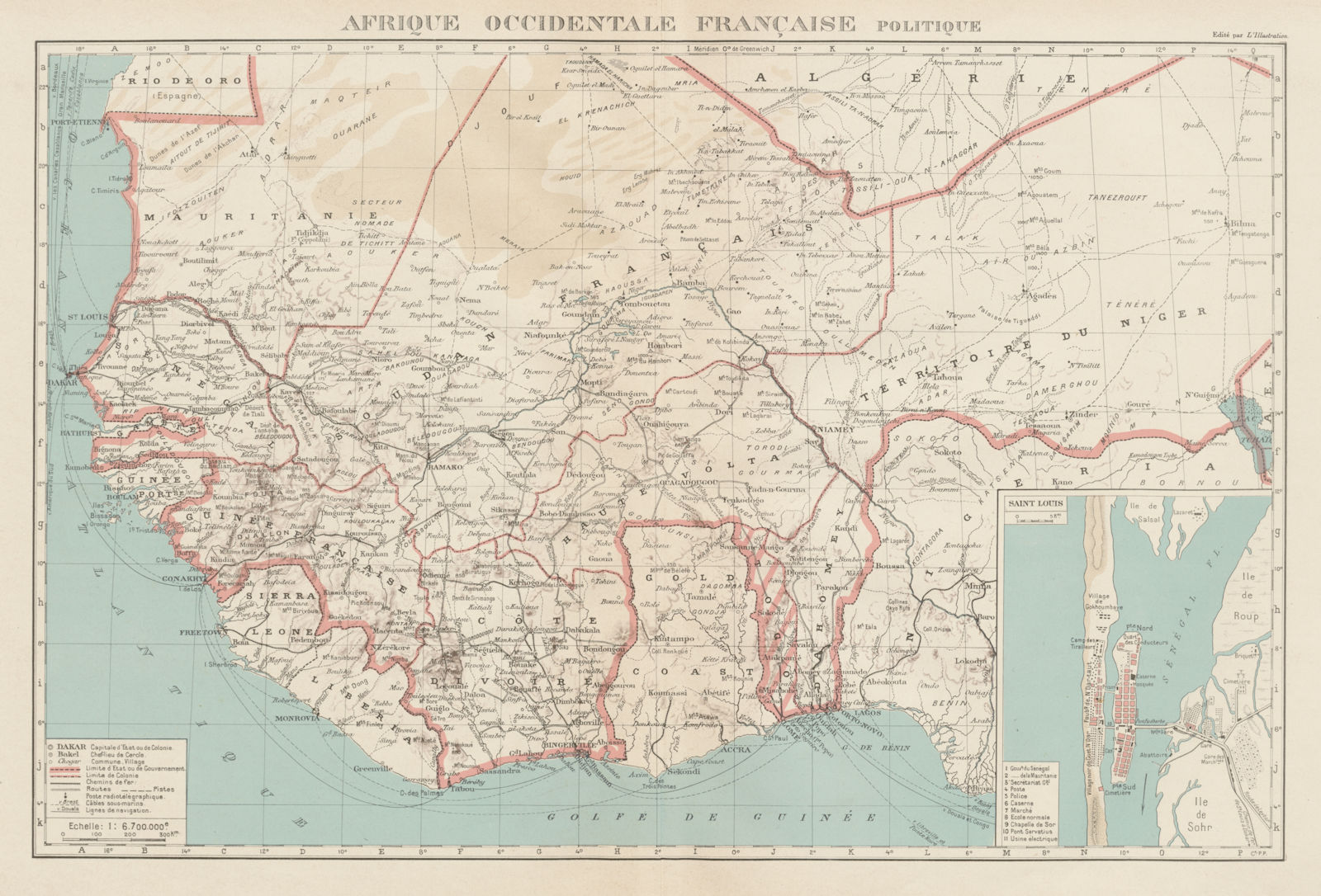 FRENCH WEST AFRICA. Afrique Occidentale Française. Saint-Louis, Senegal 1929 map