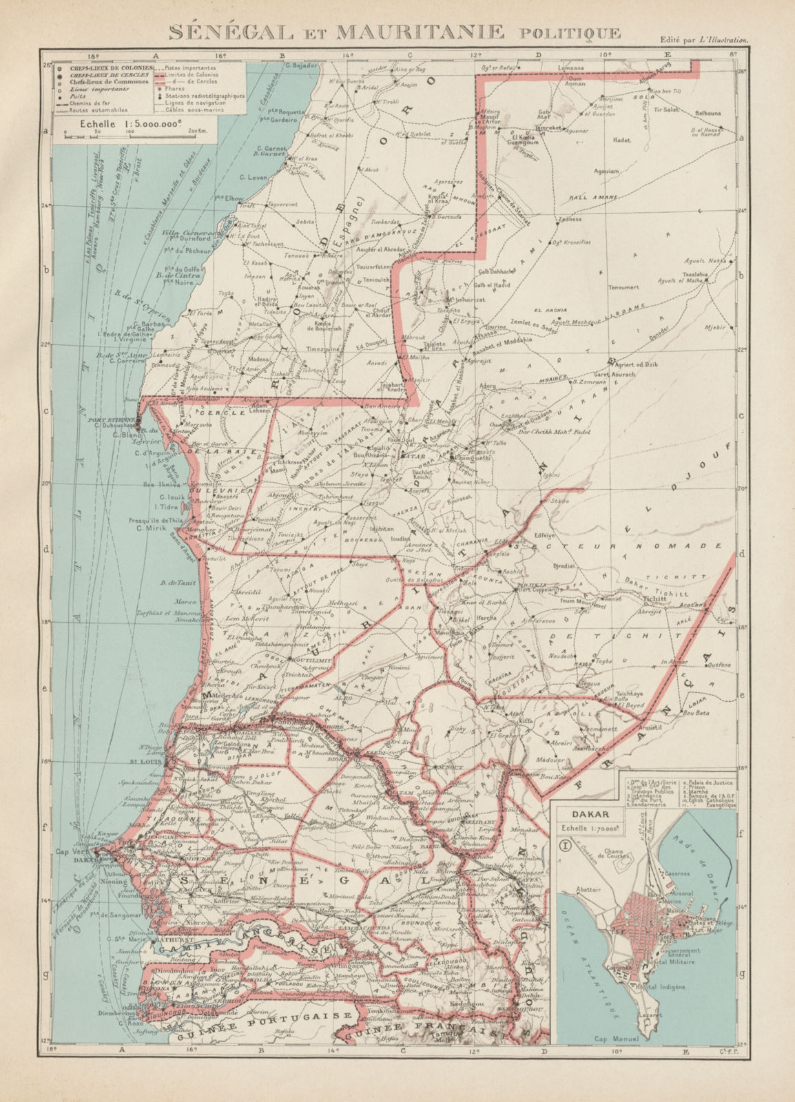 FRENCH WEST AFRICA. Senegal & Mauritanie/Mauritania. Dakar plan 1929 old map