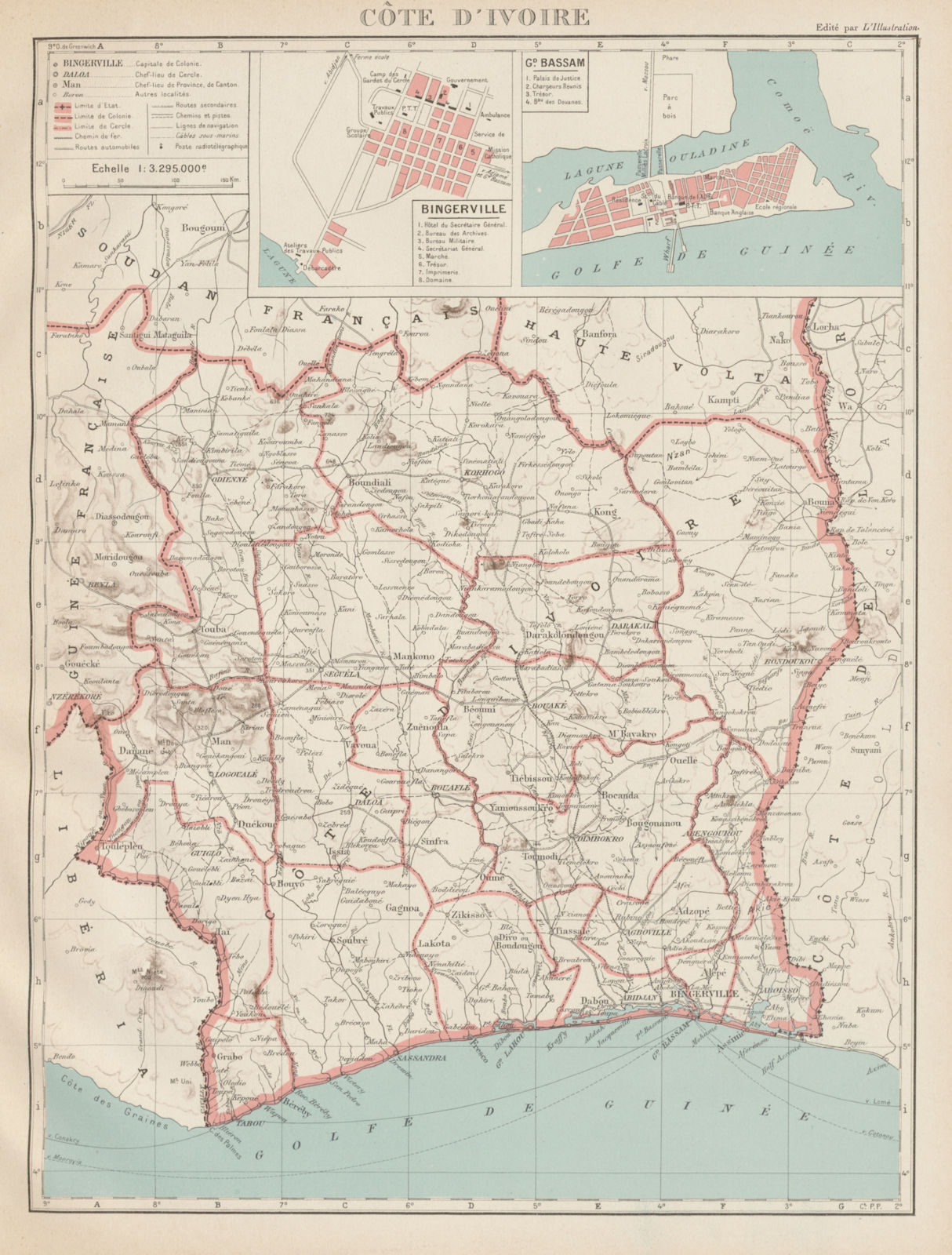 IVORY COAST Côte d'Ivoire. Bingerville (Abidjan) Grand Bassam city plan 1929 map