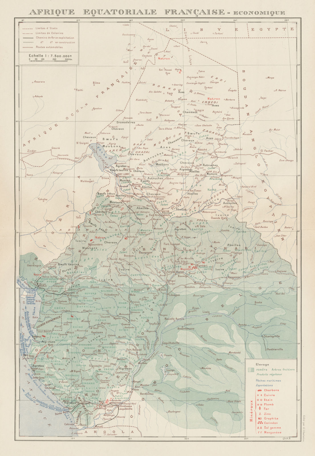FRENCH EQUATORIAL AFRICA. Afrique équatoriale française. Resources 1929 map