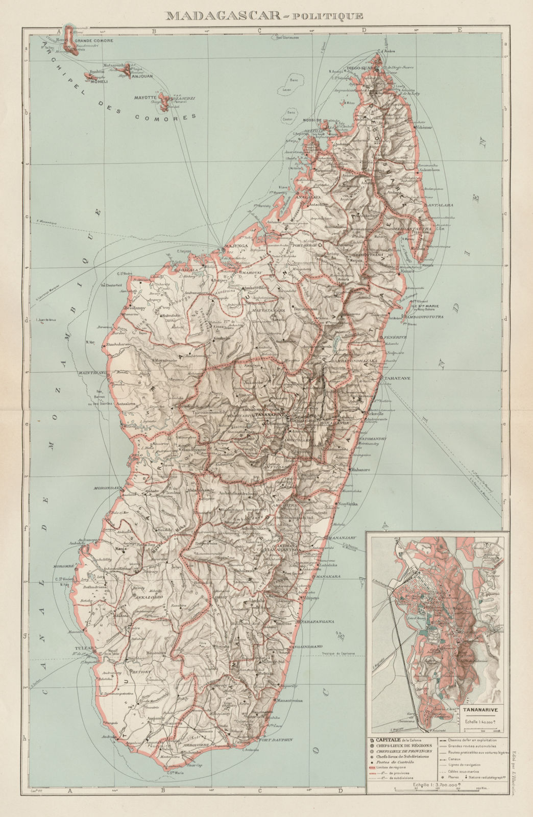 COLONIAL MADAGASCAR. Tananarive/Antananarivo city plan. Comoros Mayotte 1929 map