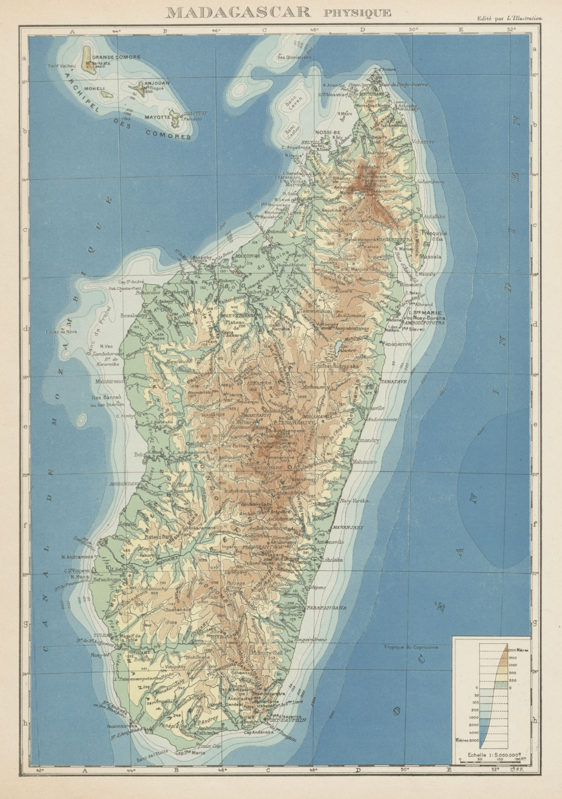 Associate Product COLONIAL MADAGASCAR. Physique physical. Comoros & Mayotte 1929 old vintage map