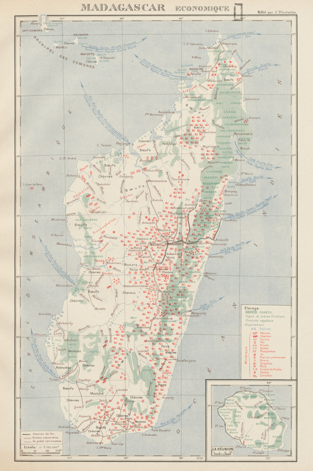 COLONIAL MADAGASCAR RESOURCES. Minerals Economique. Inset La Réunion 1929 map