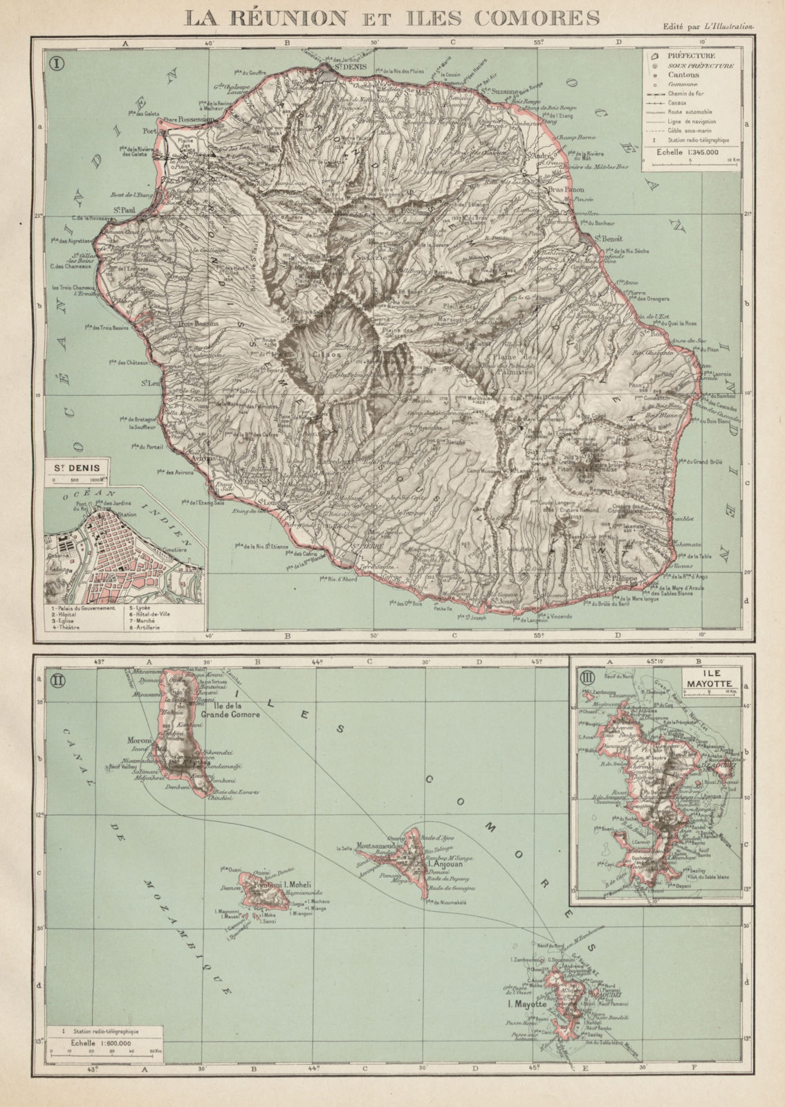 FRENCH INDIAN OCEAN ISLANDS La Réunion Comores/Comoros Mayotte St Denis 1929 map
