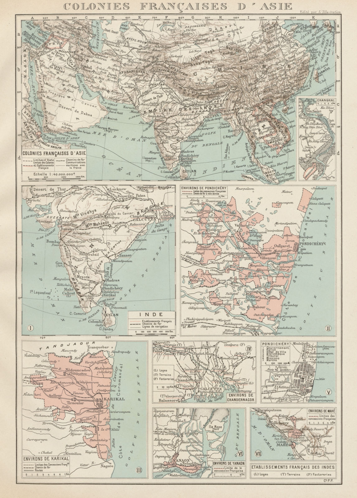 FRENCH INDIA Indes français Pondichéry Karikal Yanaon Chandernagor Mahé 1929 map