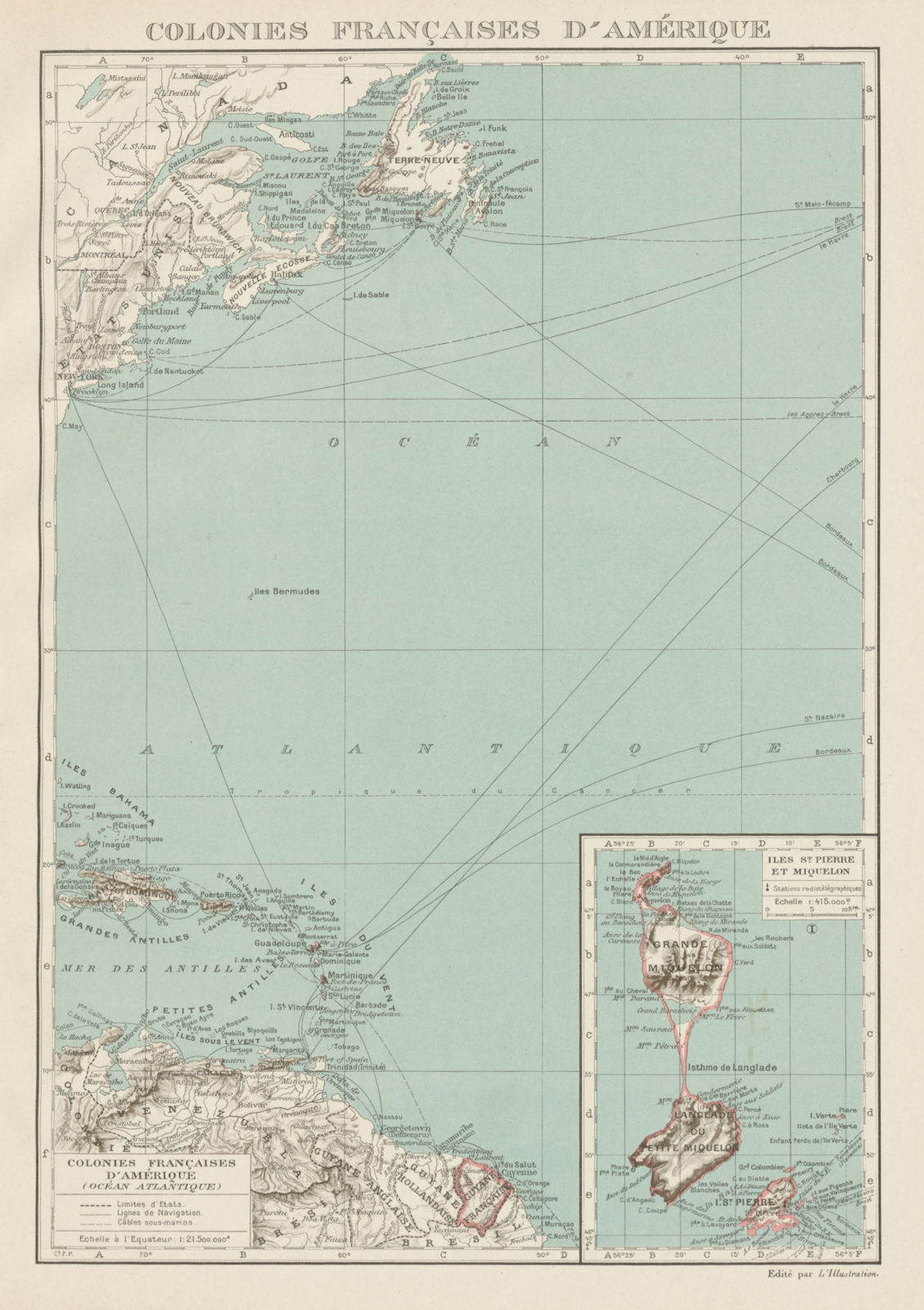 FRENCH AMERICAS. Colonies Françaises d' Amerique. St-Pierre et Miquelon 1929 map