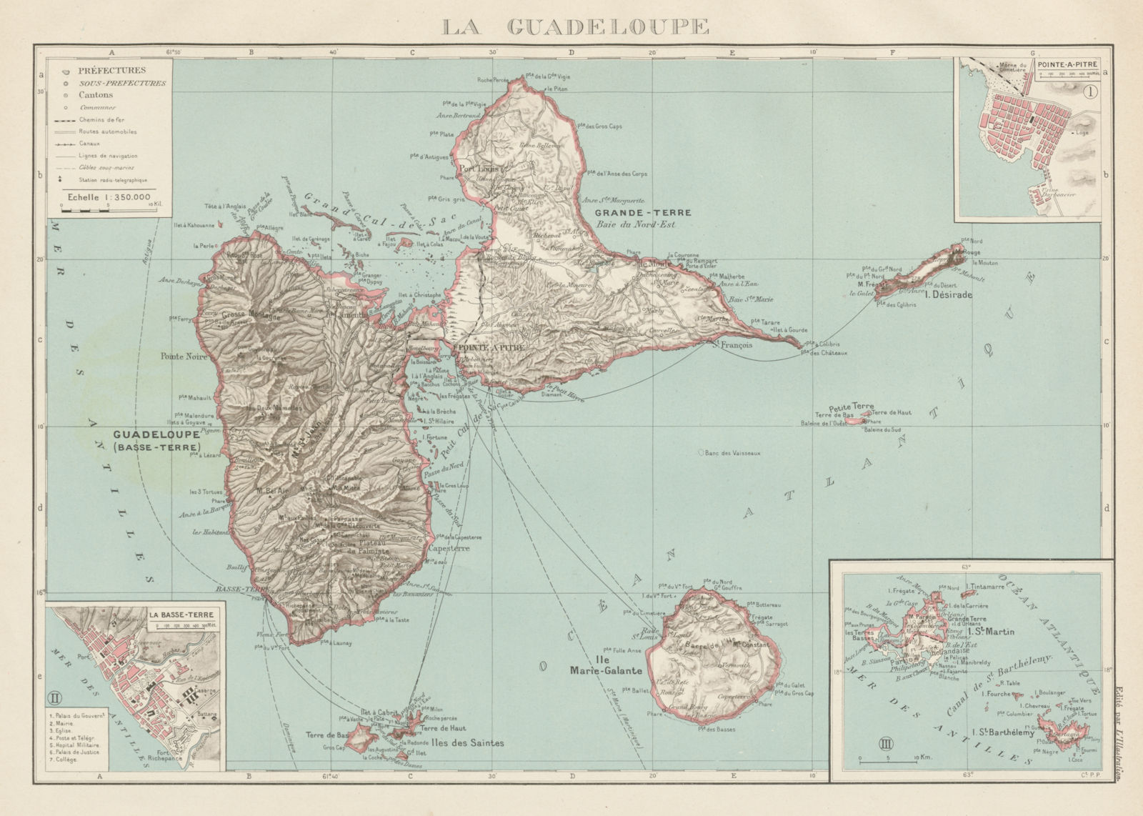 GUADELOUPE. Basse-Terre; Pointe-à-Pitre. St-Martin Saint-Barthélemy 1929 map