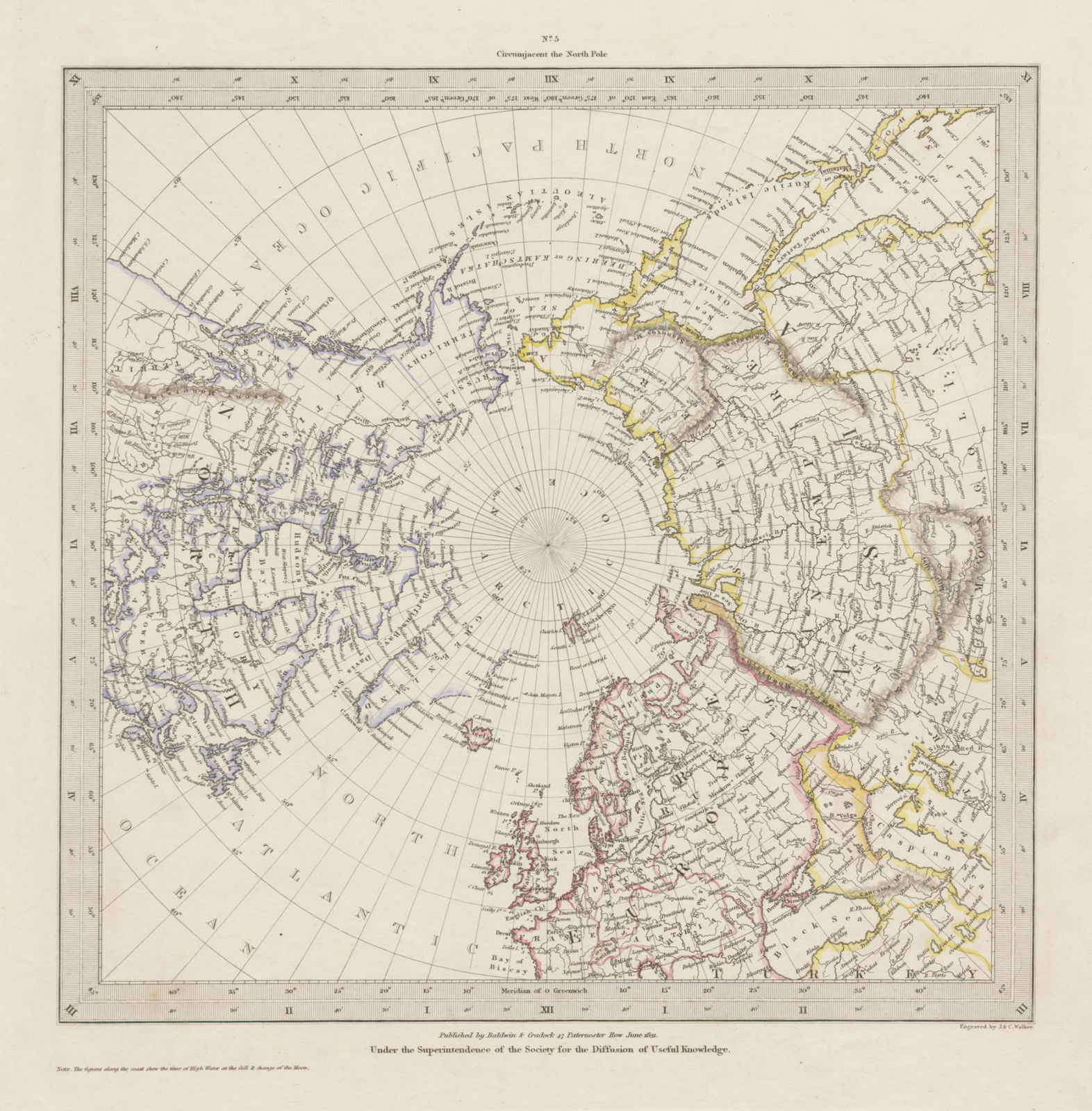 NORTH POLE ARCTIC to 45˚ N Latitude.Alaska as Russian Territory SDUK 1844 map