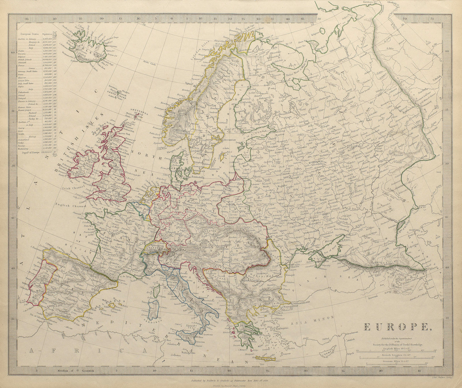 EUROPE. General map. Inset table of population & density by country. SDUK 1844