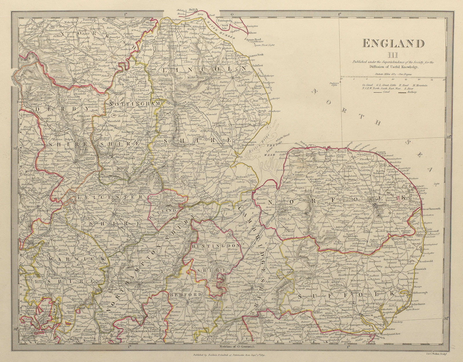 Associate Product ENGLAND EAST Norfolk Suffolk Cambs Lincs Leics Derbys Notts. SDUK 1844 old map