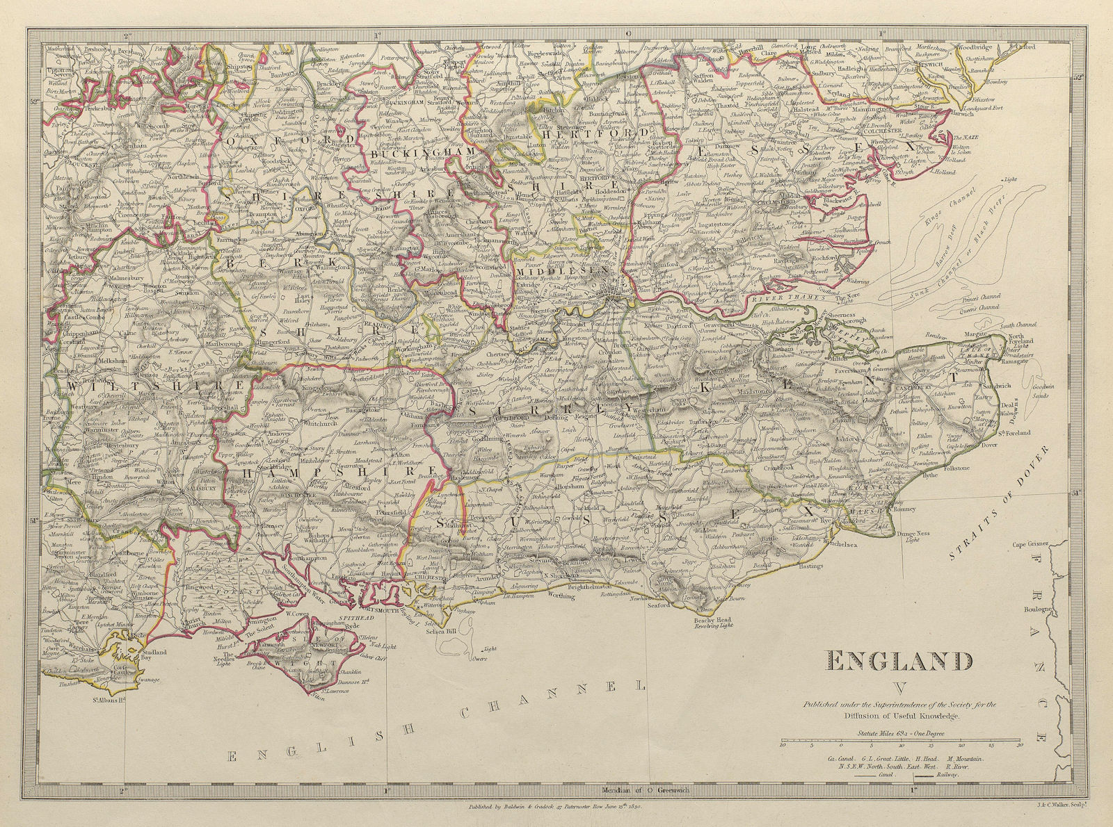 ENGLAND SE Middx Kent Sussex Surrey Hants Berks Essex Herts. SDUK 1844 old map
