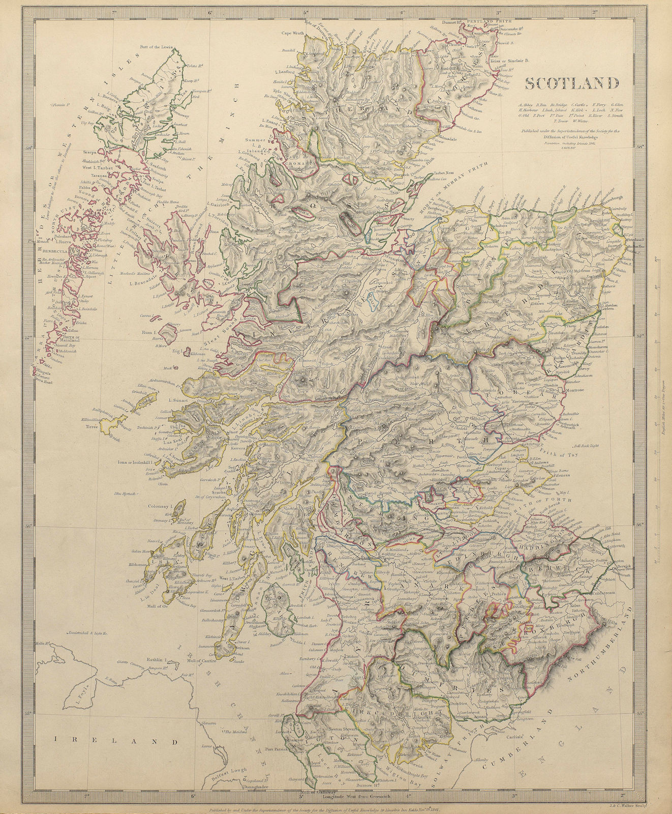 SCOTLAND general map showing castles & kirks. Railways. SDUK 1844 old