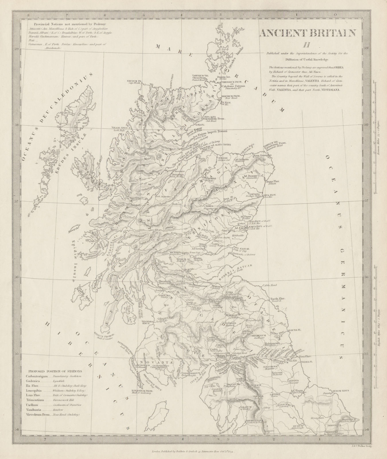 ANCIENT BRITAIN.Caledonia-Scotland.Roman road town names.Ptolemy SDUK 1844 map