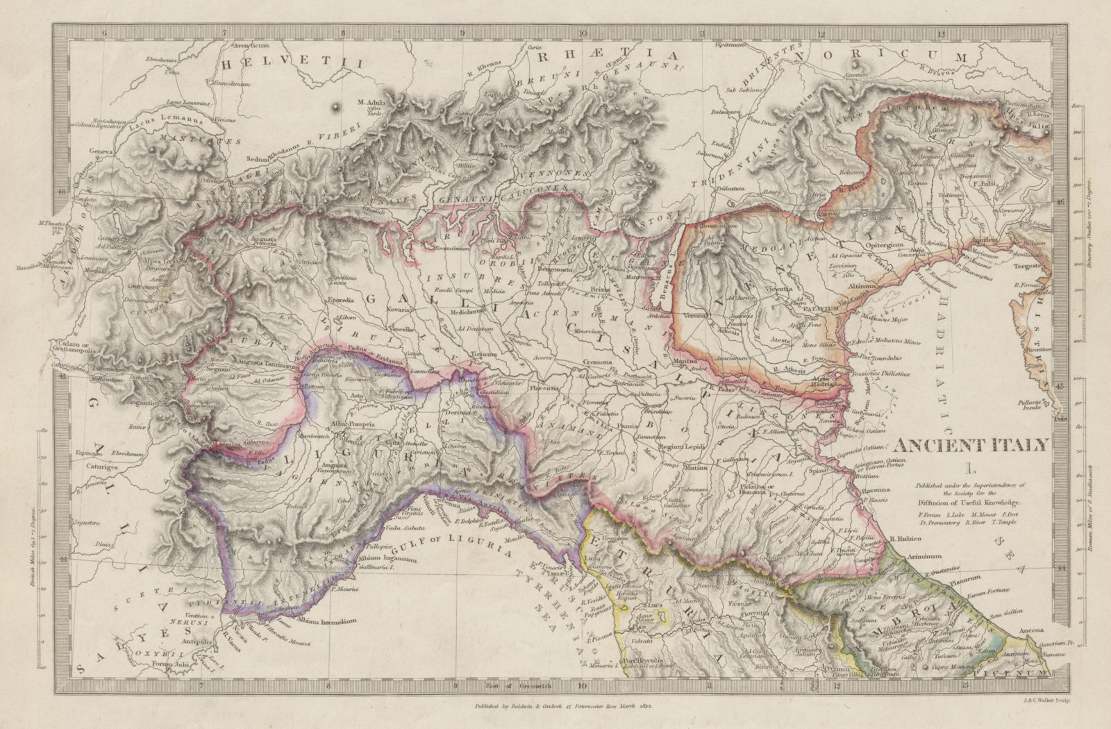 ANCIENT ROMAN ITALY NORTH.Liguria Venetia Gallia Cisalpina.Roads SDUK 1844 map