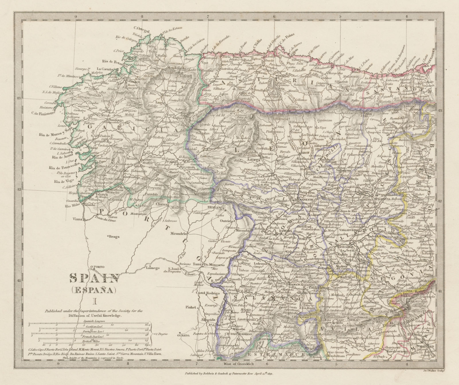 SPAIN NW Galicia Leon Asturias Zamora Palencia Toro Salamanca. SDUK 1844 map