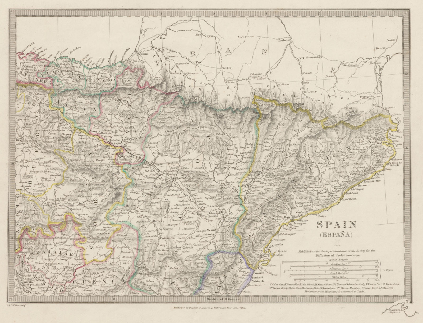 SPAIN NORTH EAST.Cataluna Aragon Soria Navarra Bizcaya Guipozcoa SDUK 1844 map