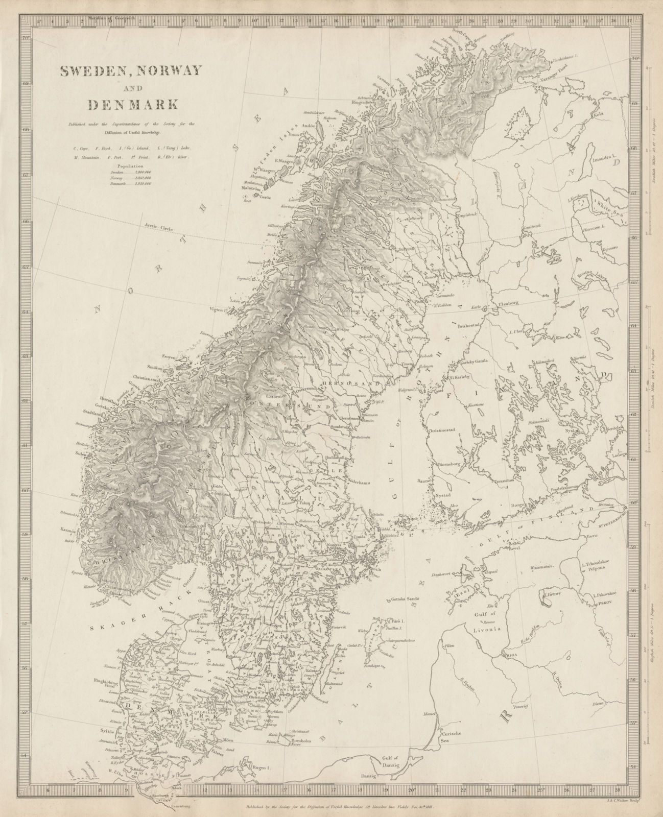 SCANDINAVIA. Sweden Norway Denmark Finland. Population table. SDUK 1844 map