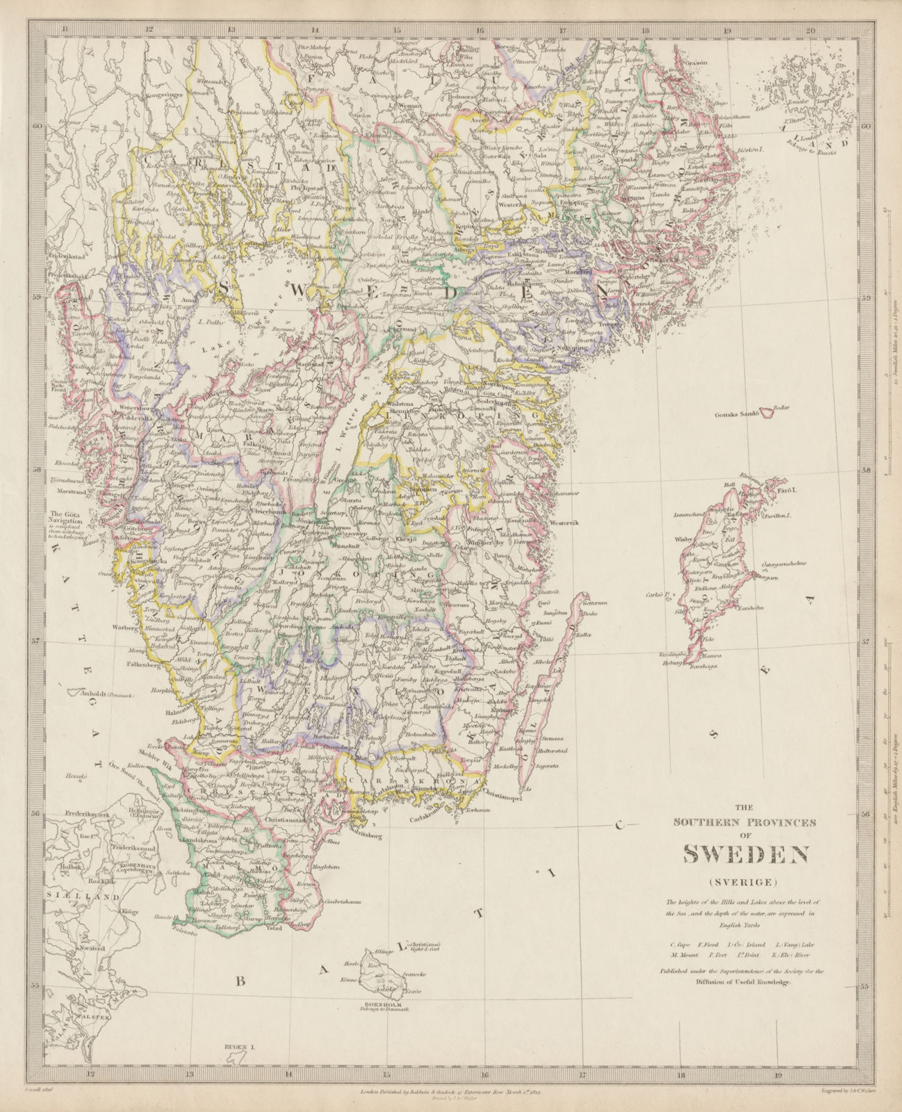 SWEDEN. the Southern Provinces of Sweden (Sverige). SDUK 1844 old antique map