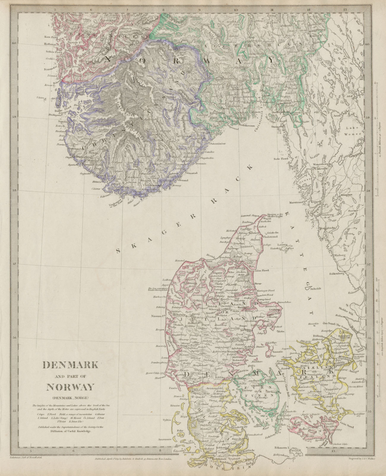 SCANDINAVIA. Denmark and Southern Norway (Norge). SDUK 1844 old antique map