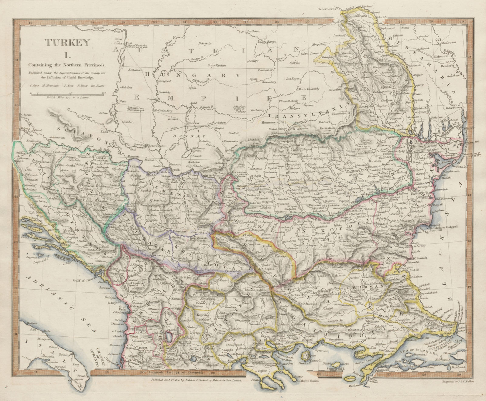 BALKANS. Northern Ottoman provinces. Albania Wallachia Bulgaria. SDUK 1844 map