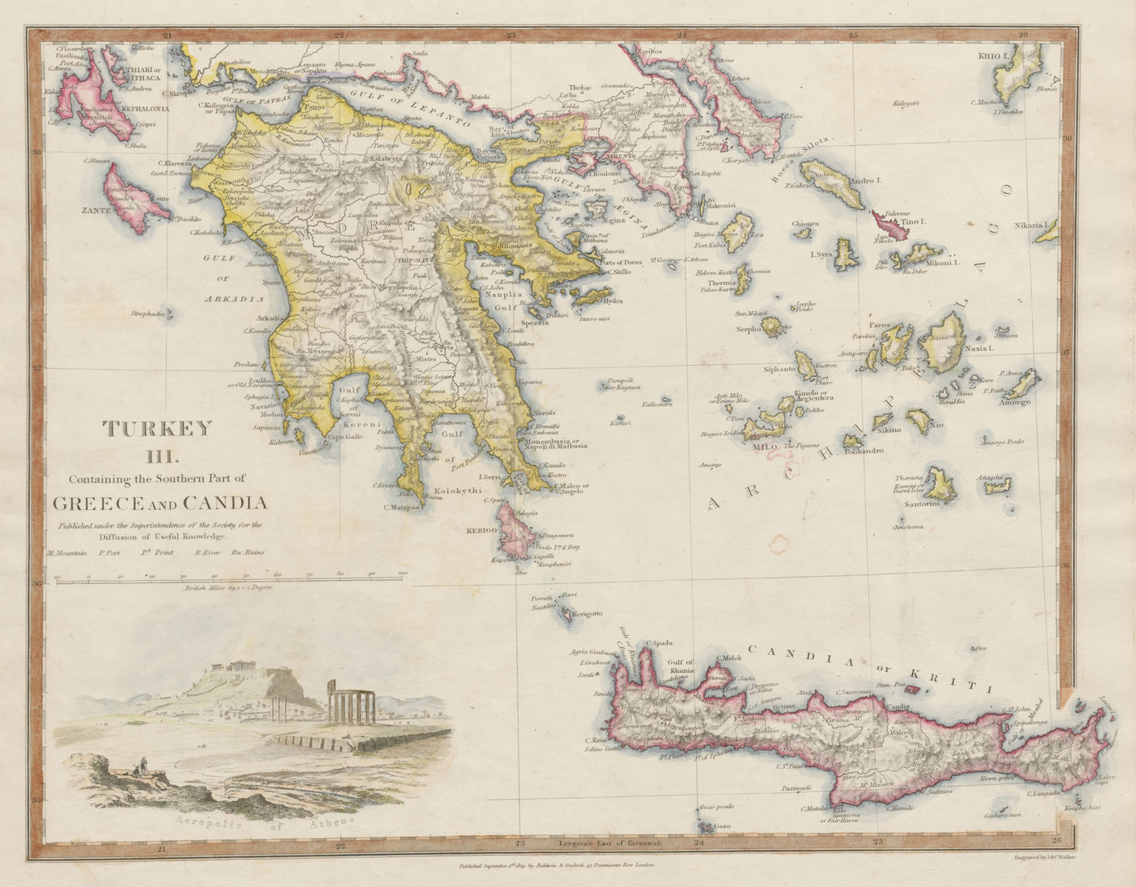GREECE.Crete Morea Aegean Ionian Cyclades Zakynthos Peloponnese SDUK 1844 map