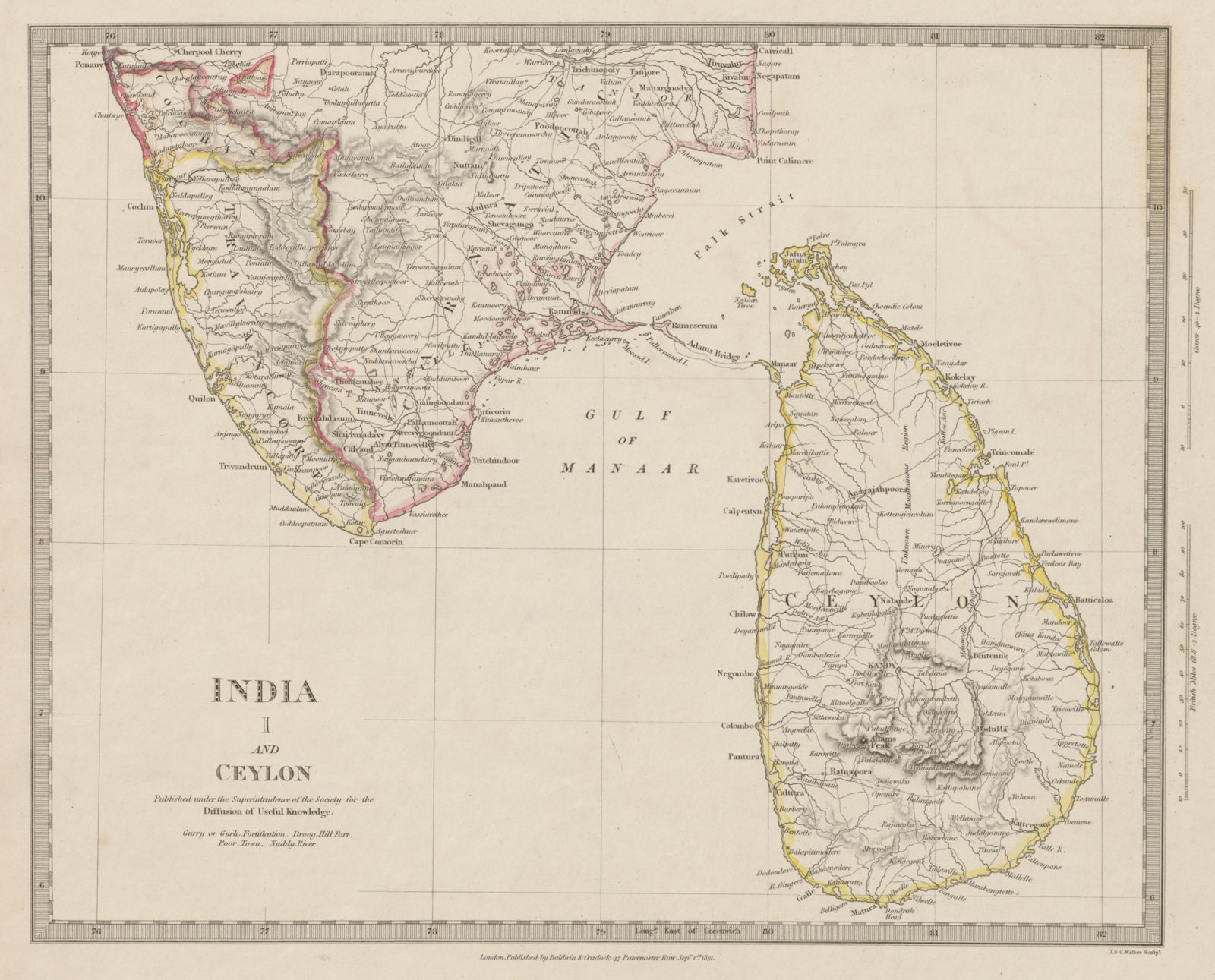 SOUTH INDIA & CEYLON (SRI LANKA). Carnatic Travancore Kochi. SDUK 1844 old map