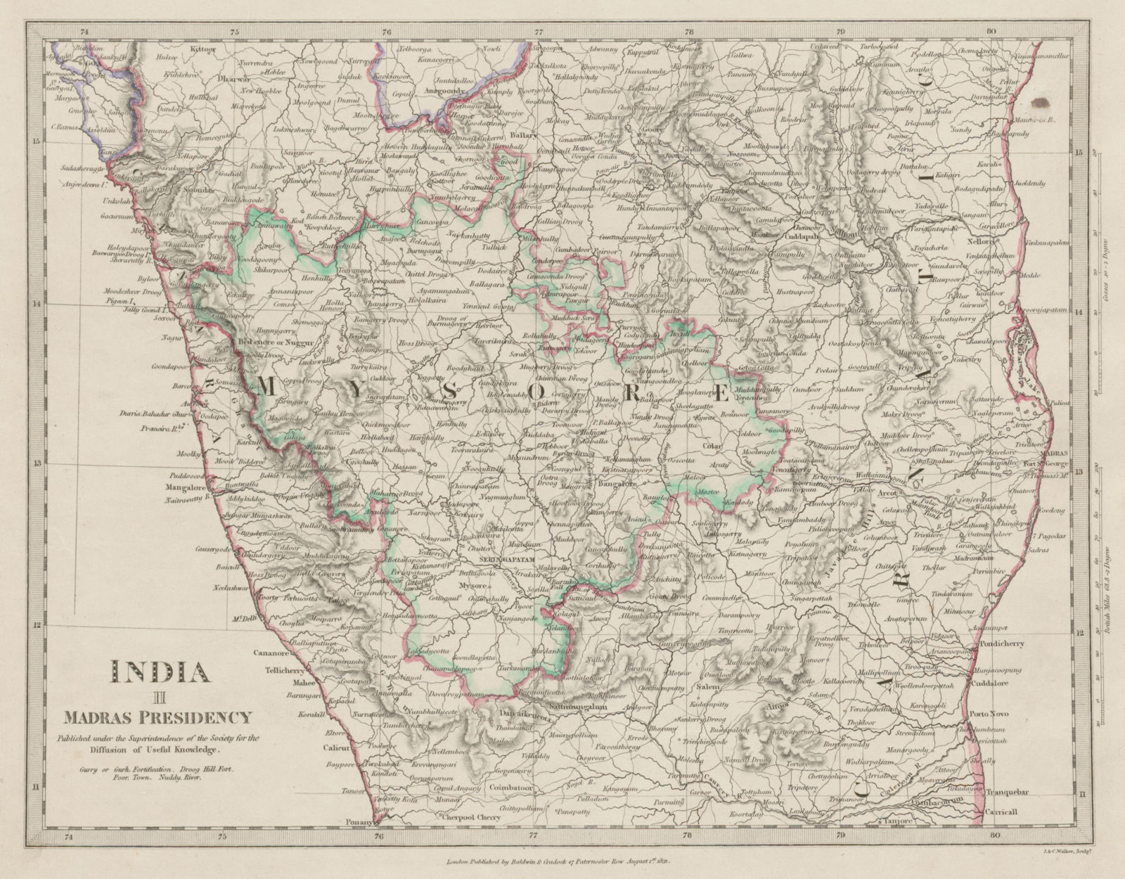 INDIA SOUTH.Madras (Chennai) Presidency & Mysore.Canara Carnatic SDUK 1844 map