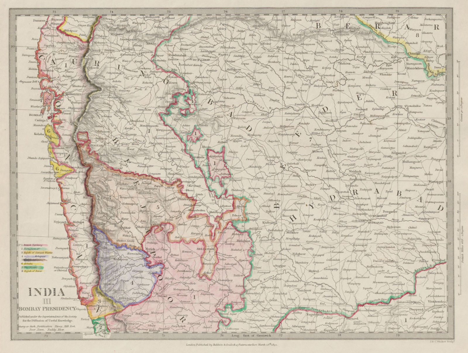 BOMBAY (MUMBAI) PRESIDENCY & HYDERABAD. Aurangabad; Bijapur. SDUK 1844 old map