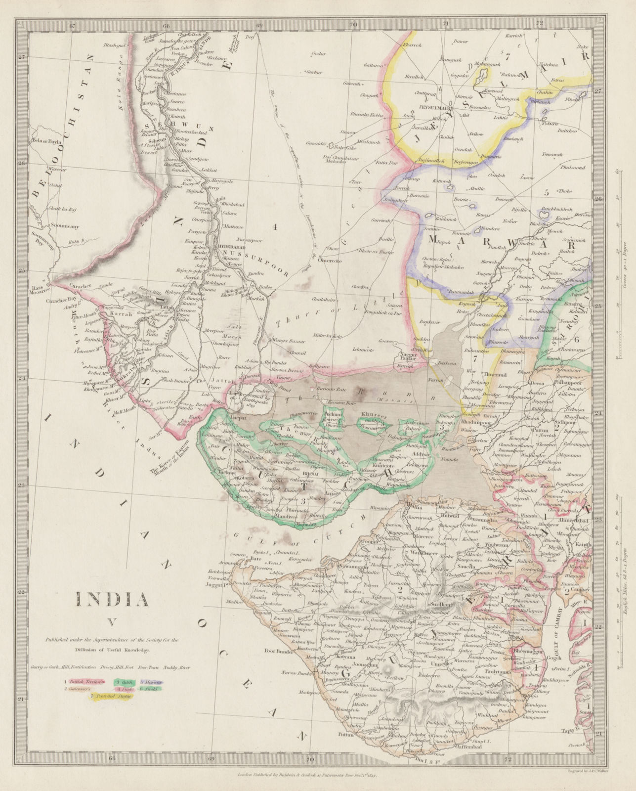 BRITISH INDIA. Sinde to Gujarat. Cutch Marwar Jaisalmer. Pakistan. SDUK 1844 map