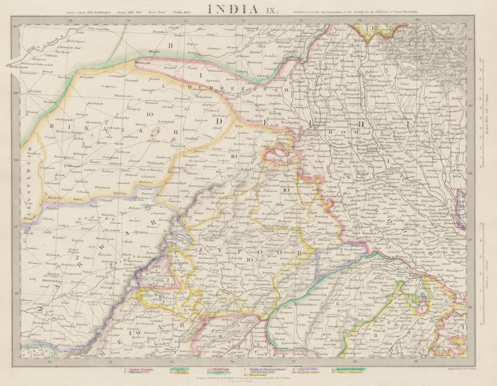 RAJASTHAN, India. Delhi Jaipur Marwar Bikaner Mewar Bundelkhand. SDUK 1844 map