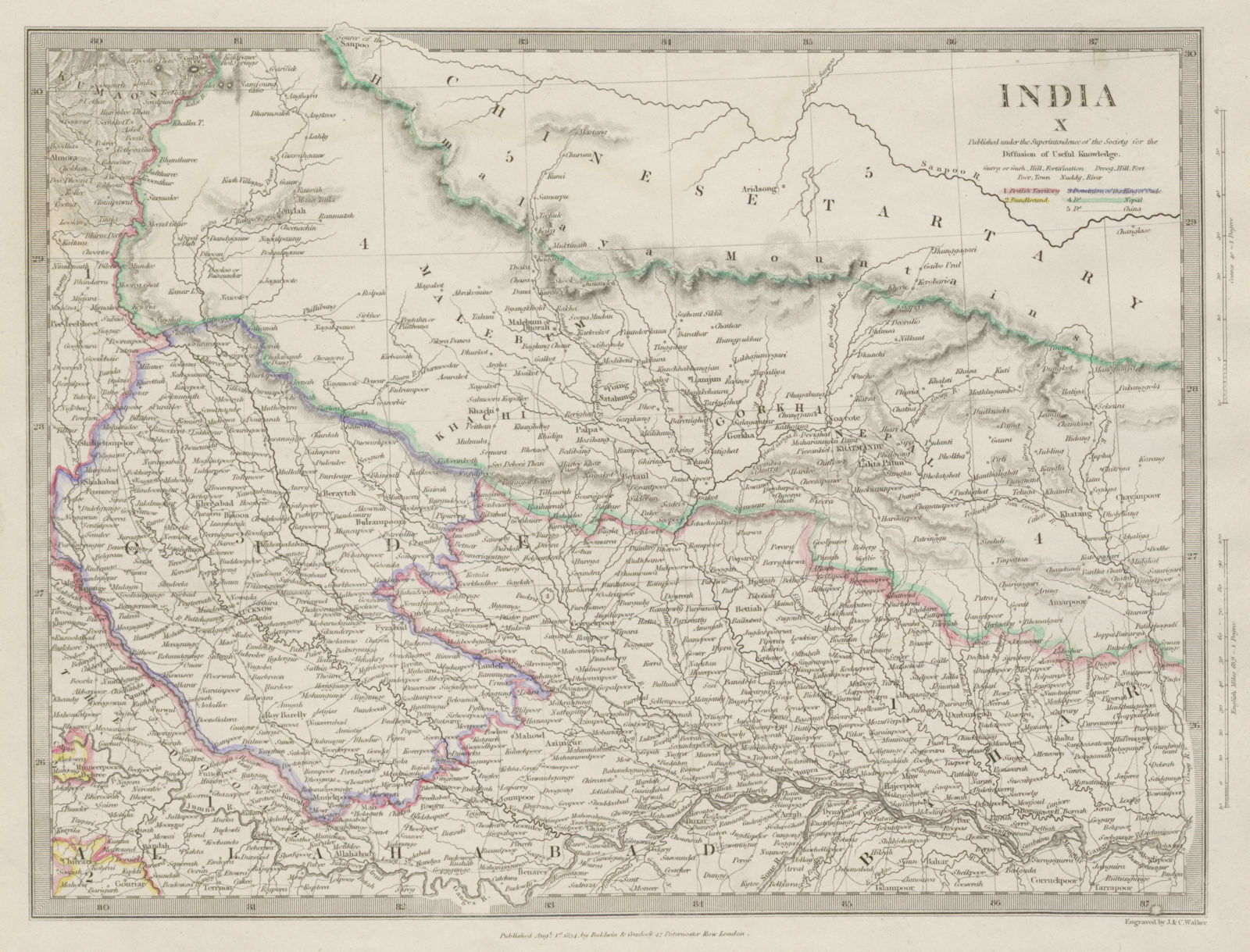 NEPAL & NORTHERN INDIA. Oude (Awadh) to Allahabad. Gorkha. Bihar. SDUK 1844 map