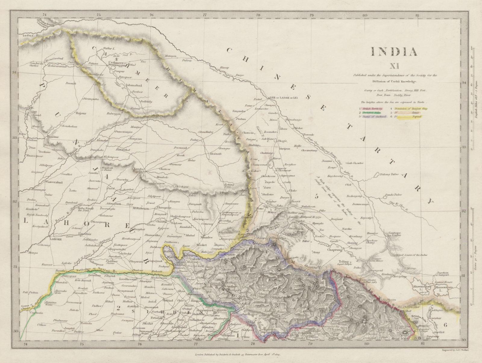 INDIA & PAKISTAN Punjab Garhwal Lahore Sirhind Kashmir China. SDUK 1844 map