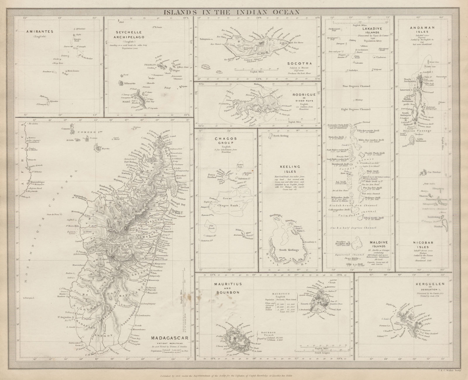 INDIAN OCEAN Madagascar Seychelles Maldives Mauritius Réunion. SDUK 1844 map