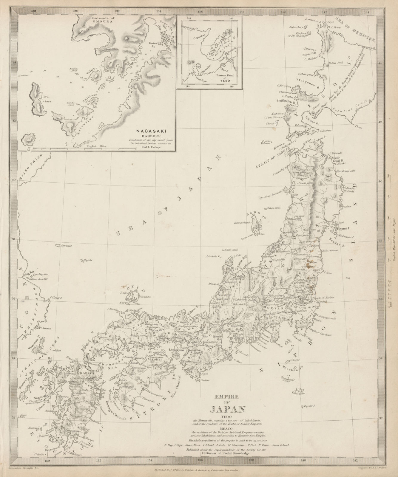 EMPIRE OF JAPAN. Nagasaki Harbour. Yeso. Niphon Nippon. SDUK 1844 old map
