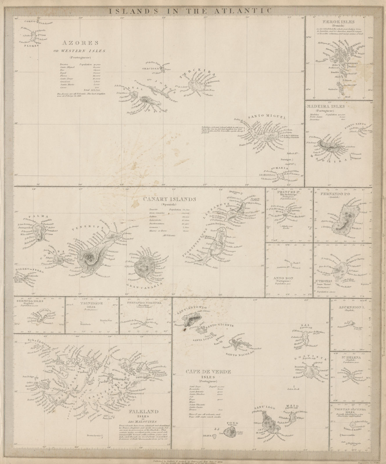 ATLANTIC ISLANDS.Azores Faeroes Madeira Canary Bermuda Falklands SDUK 1844 map