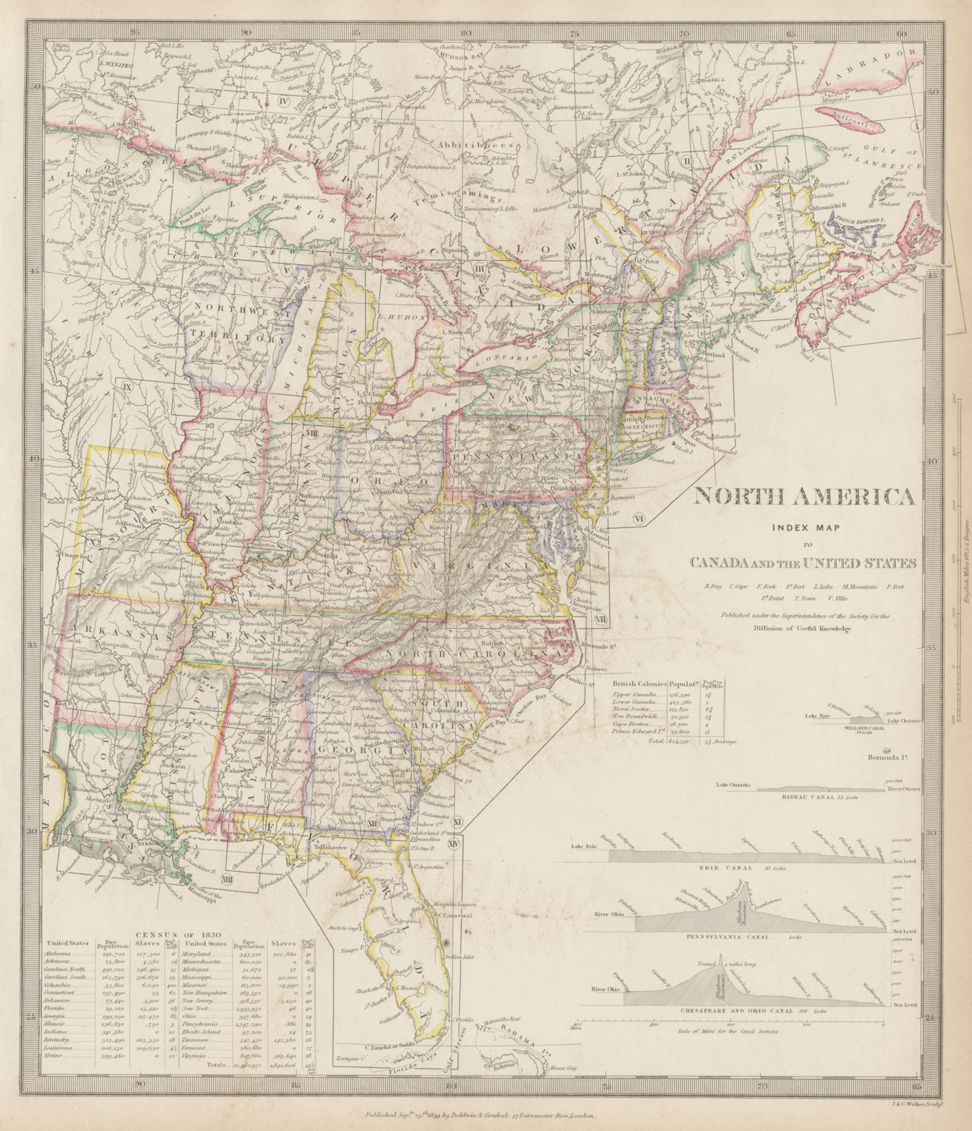 NORTH AMERICA EAST.Canada & USA.Canal Profiles.1830 Census table SDUK 1844 map