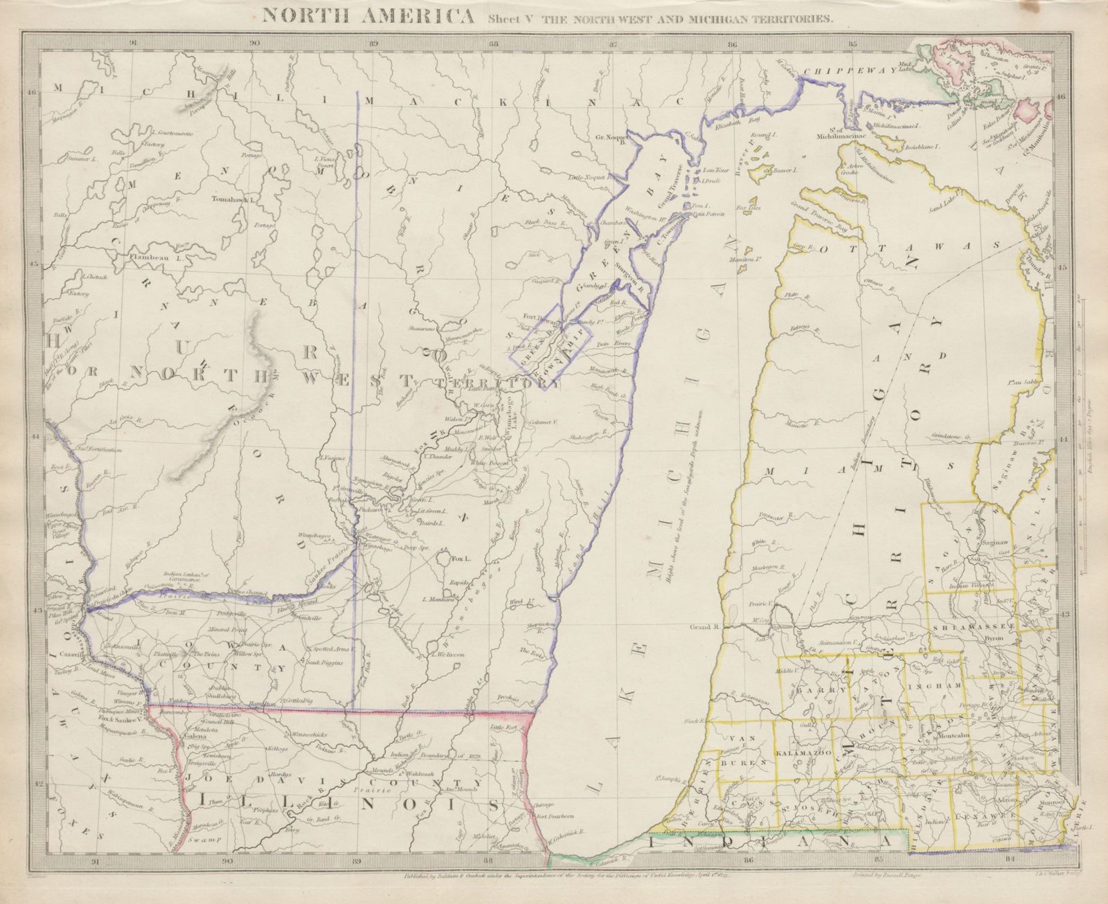 LAKE MICHIGAN Wisconsin / NW Territory. Indian tribes & villages. SDUK 1844 map