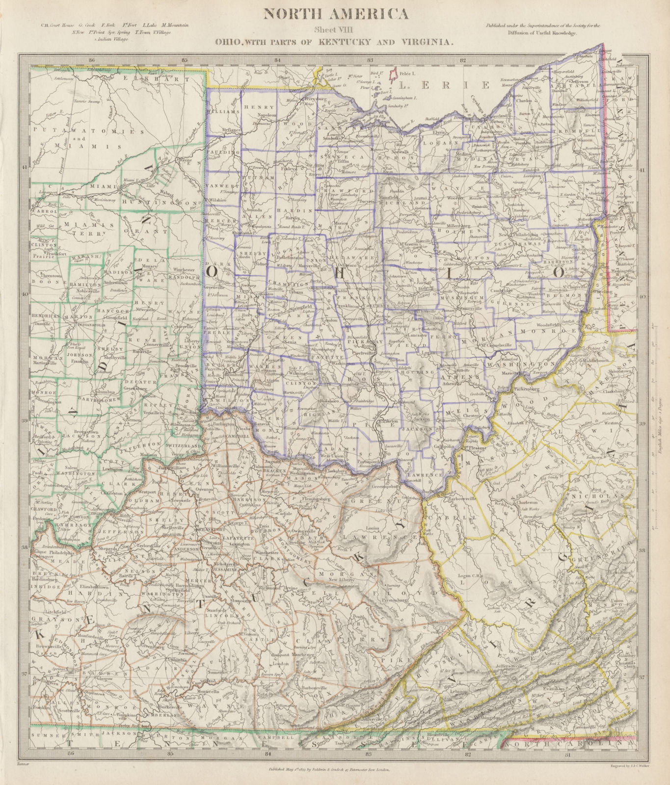 USA. Ohio & parts of Kentucky, Virginia & Indiana. Counties. SDUK 1844 old map
