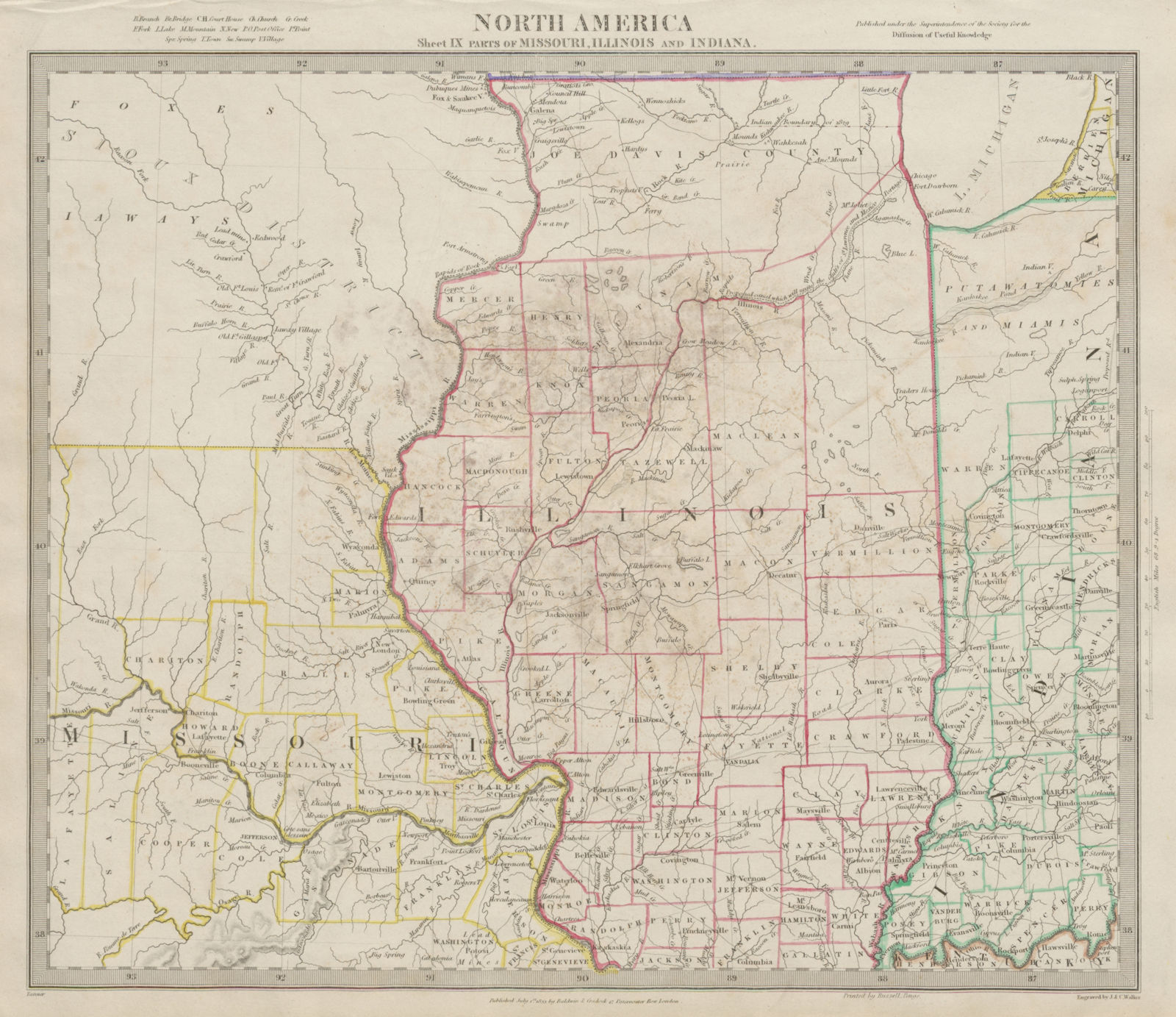 Associate Product USA. Missouri Illinois Indiana. Indian tribes, villages & borders. SDUK 1844 map