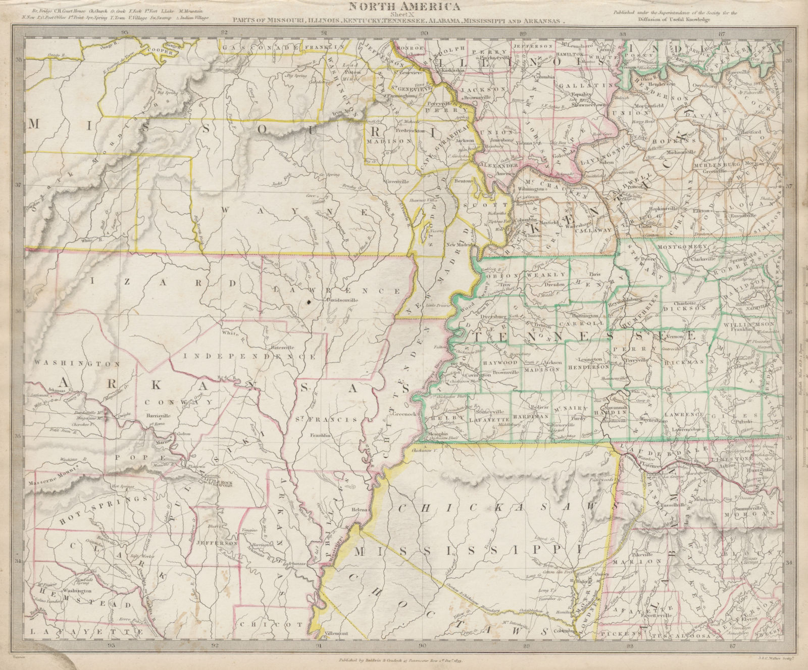 Mississippi valley. AR MO TN MS KY AL Choctaw Chickasaw boundaries SDUK 1844 map