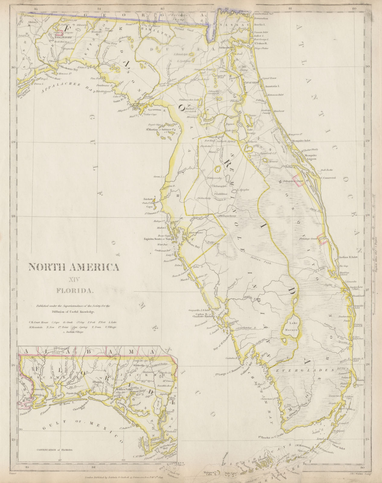 FLORIDA. Seminole Indian reservation & villages. Fleming Delespine SDUK 1844 map
